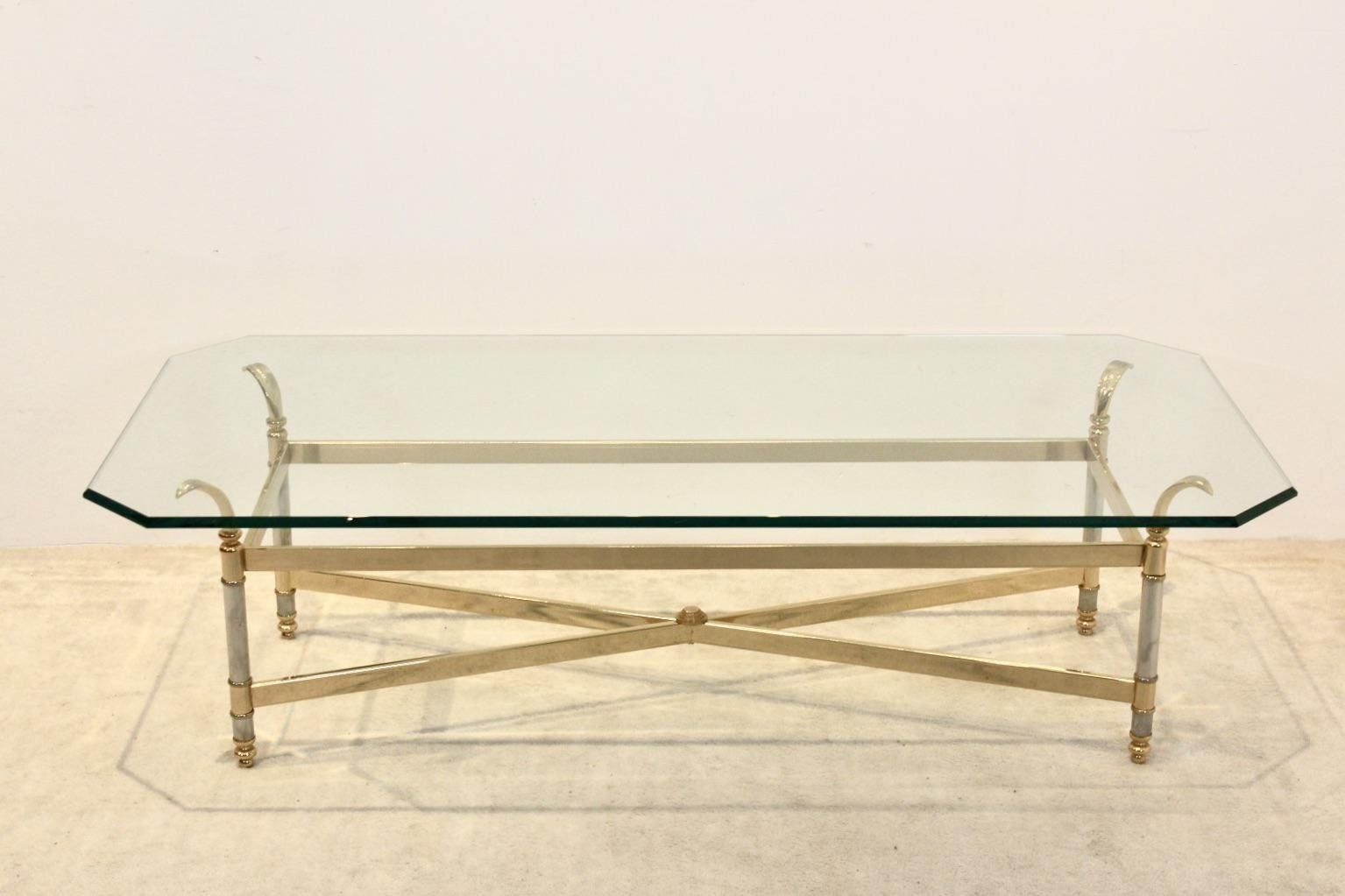 Brass, Chrome & Glass Center Table, France 1970s photo vintage