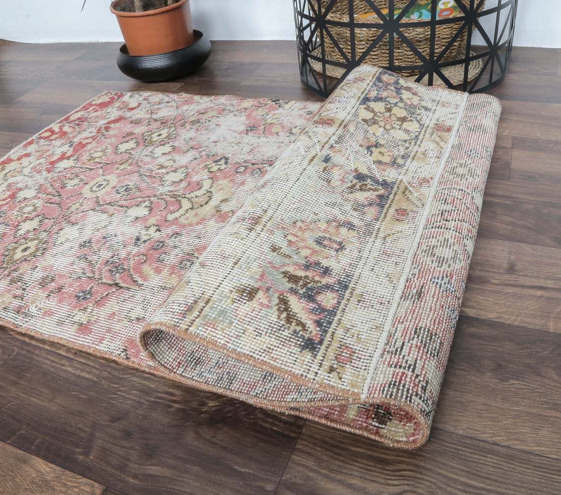 3x6 Turkish Vintage Runner, Oushak Handmade Wool Runner Rug, Red Floral Distressed, Bohemian Hallway Rugs, Farmhouse Decor, One Of A Kind photo buy