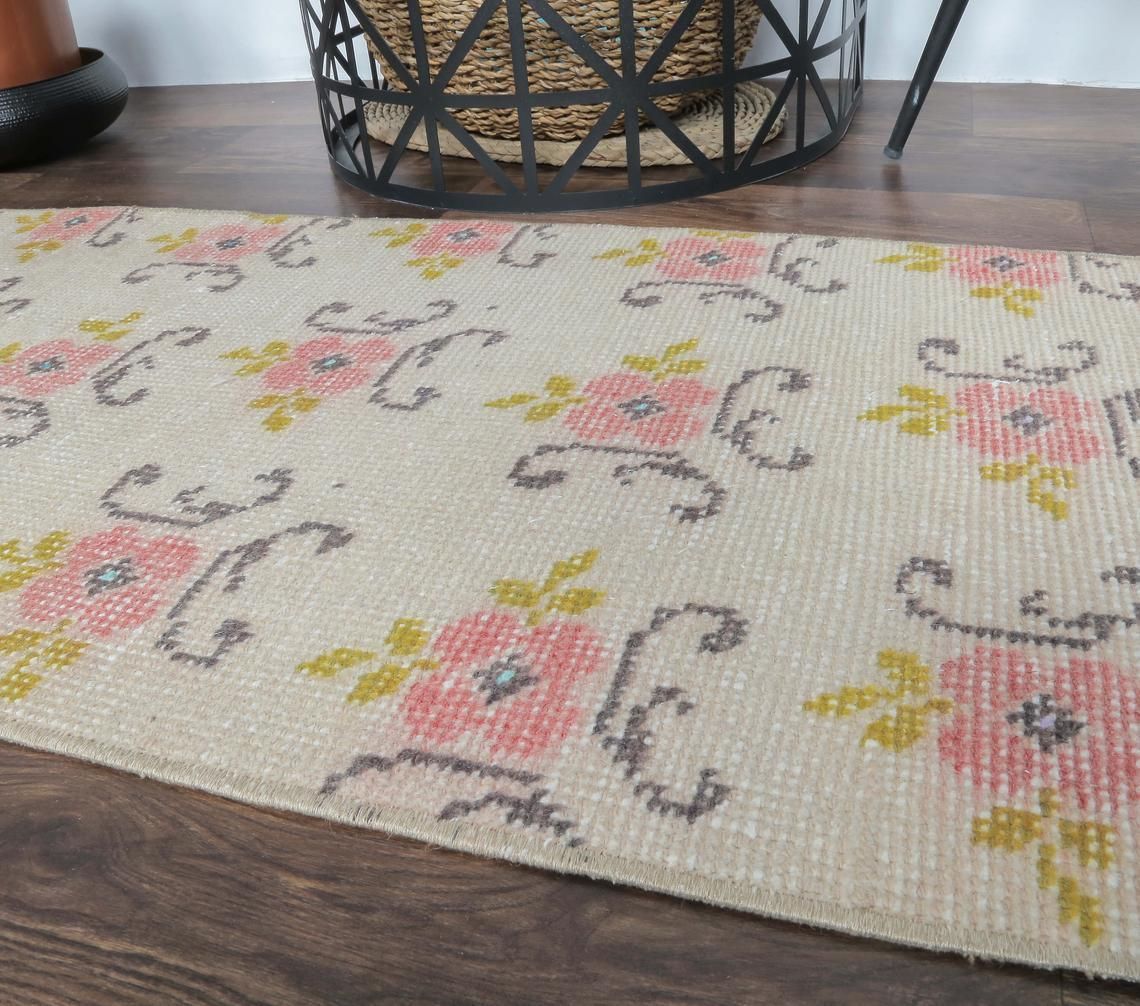 2x4 Turkish Vintage Oushak Runner, Floral Beige Handmade Wool Rug, Hallway & Kitchen Rugs, Farmhouse Decor, One Of A Kind, Anatolia photo 260.0