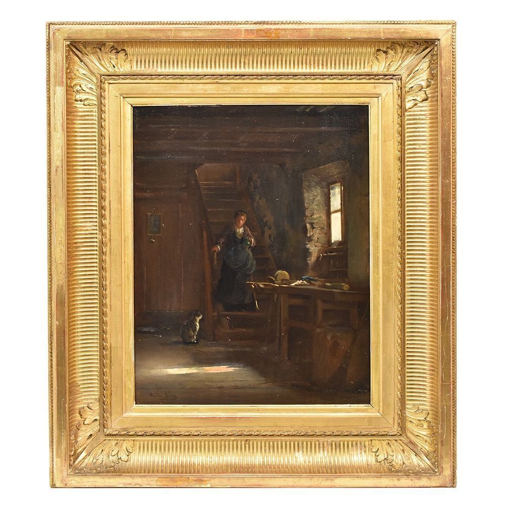 Antique Painting, Interior, Oil On Wood, French Painter, 19 Th Century. (Qr274)