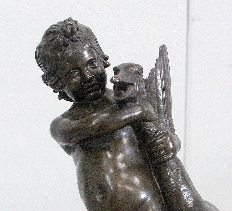 Bronze Of A Cherub Holding A Goose, By A. Collas   19th Century photo Home Decor