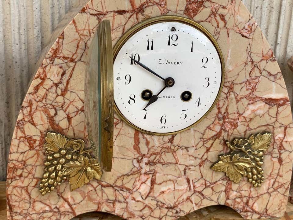 Art Deco Pink Marble Set Of Mantle, Desk Or Chapel Clock With Bronze Details photo vintage