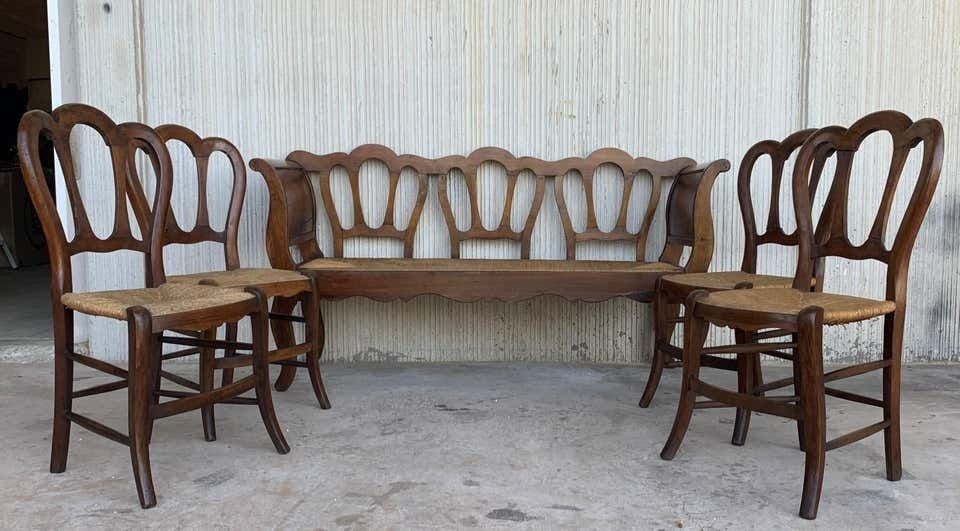 Banc victorien du XXe siècle en bois de noyer et assise en rotin photo buy