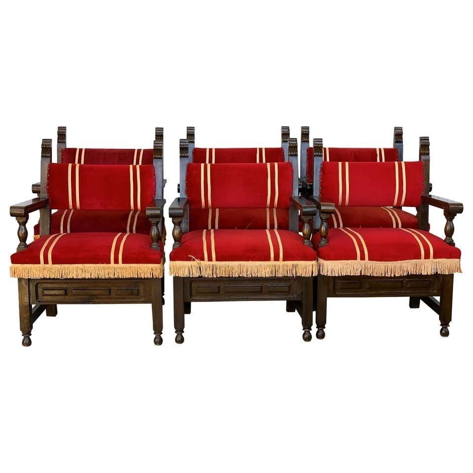 Fauteuils espagnols en noyer sculpté et velours rouge, 46 unités disponibles photo for sale