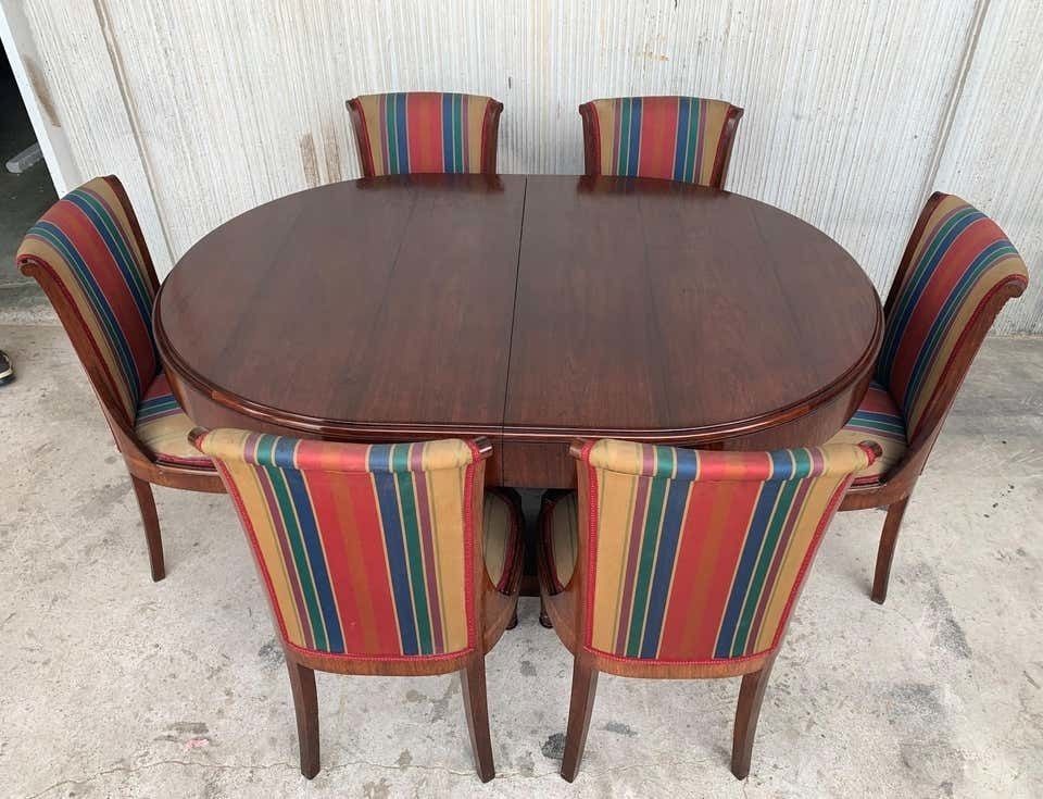 Fine French Art Deco Burl Elm Two Pedestal Oval Table With Six Chairs photo Furniture