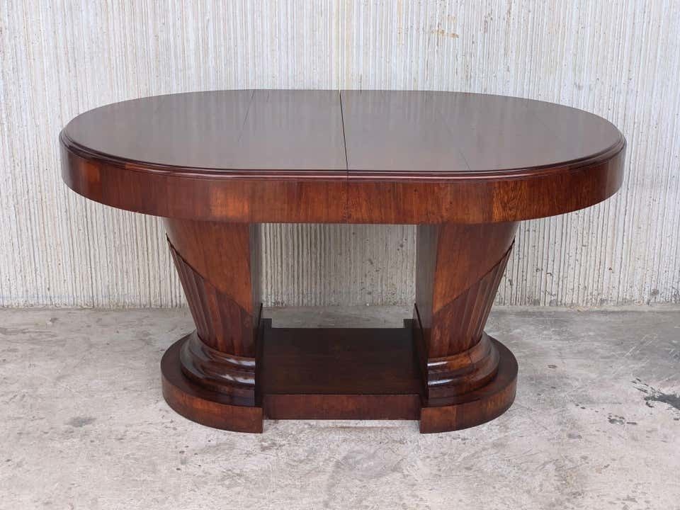 Fine French Art Deco Burl Elm Two Pedestal Oval Table With Six Chairs photo vinterior