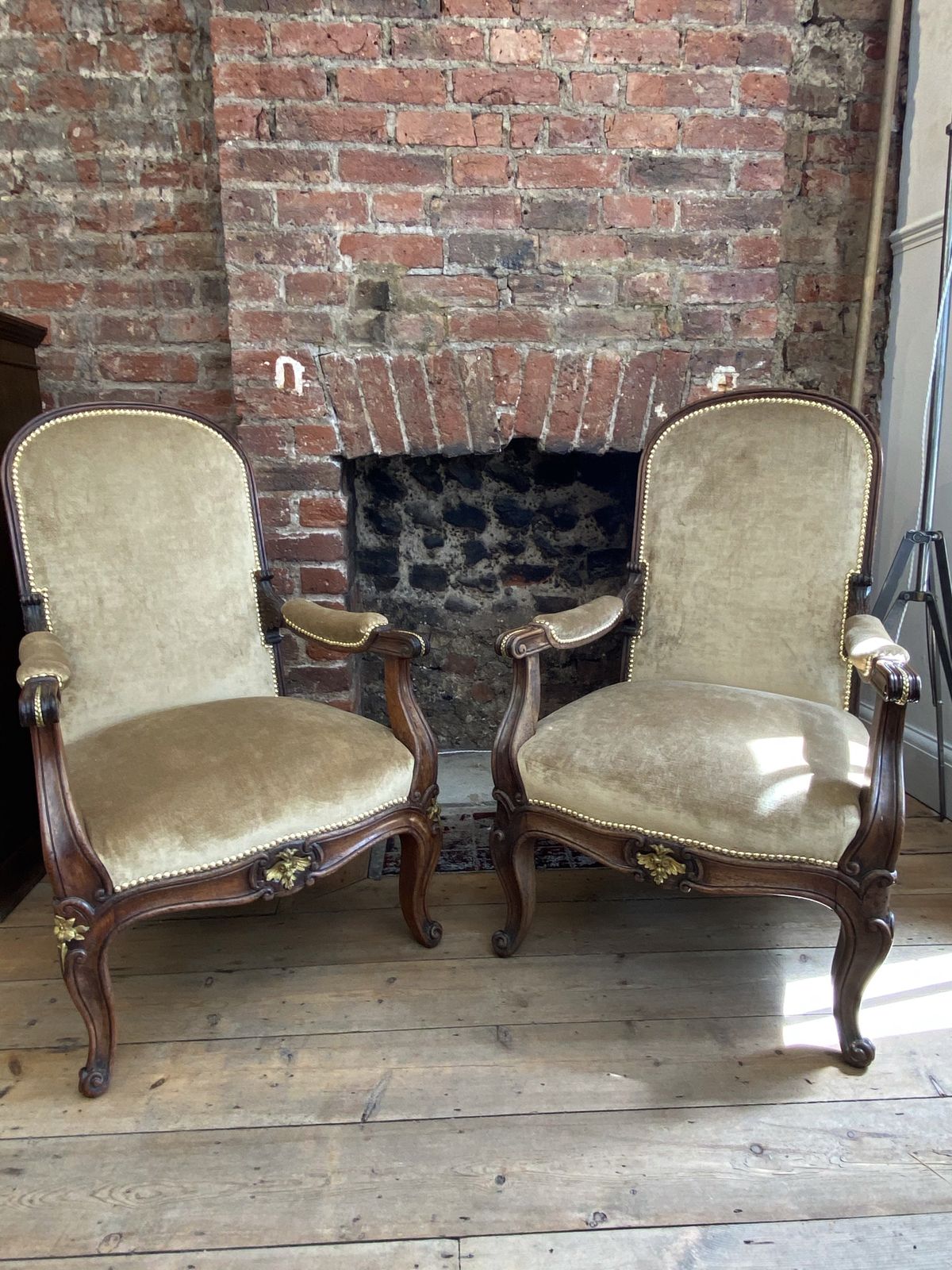 Exceptional Pair Of French Empire Walnut Chairs Arm Chairs With Gilt Ormolu Mounts