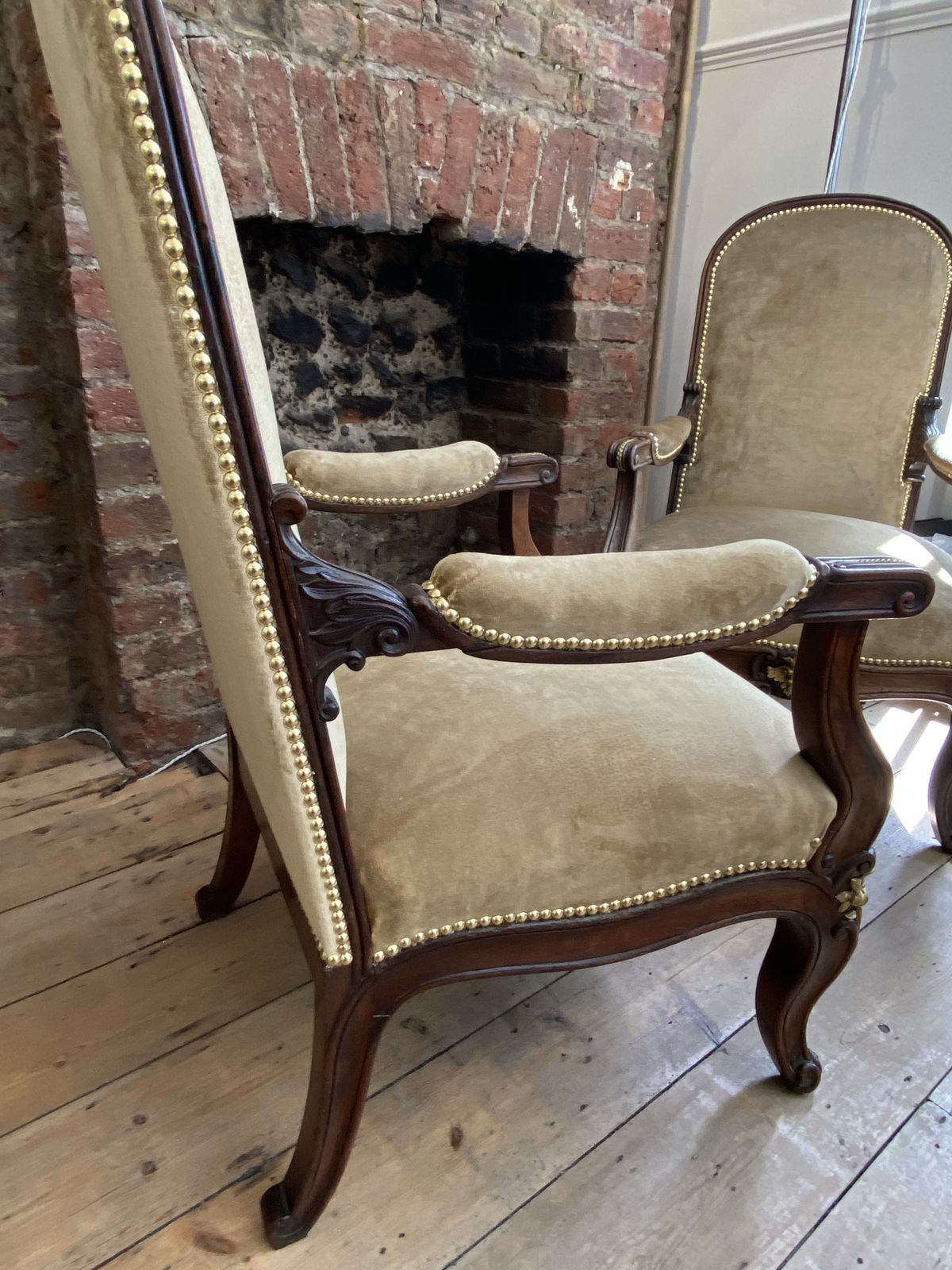 Exceptional Pair Of French Empire Walnut Chairs Arm Chairs With Gilt Ormolu Mounts photo for sale