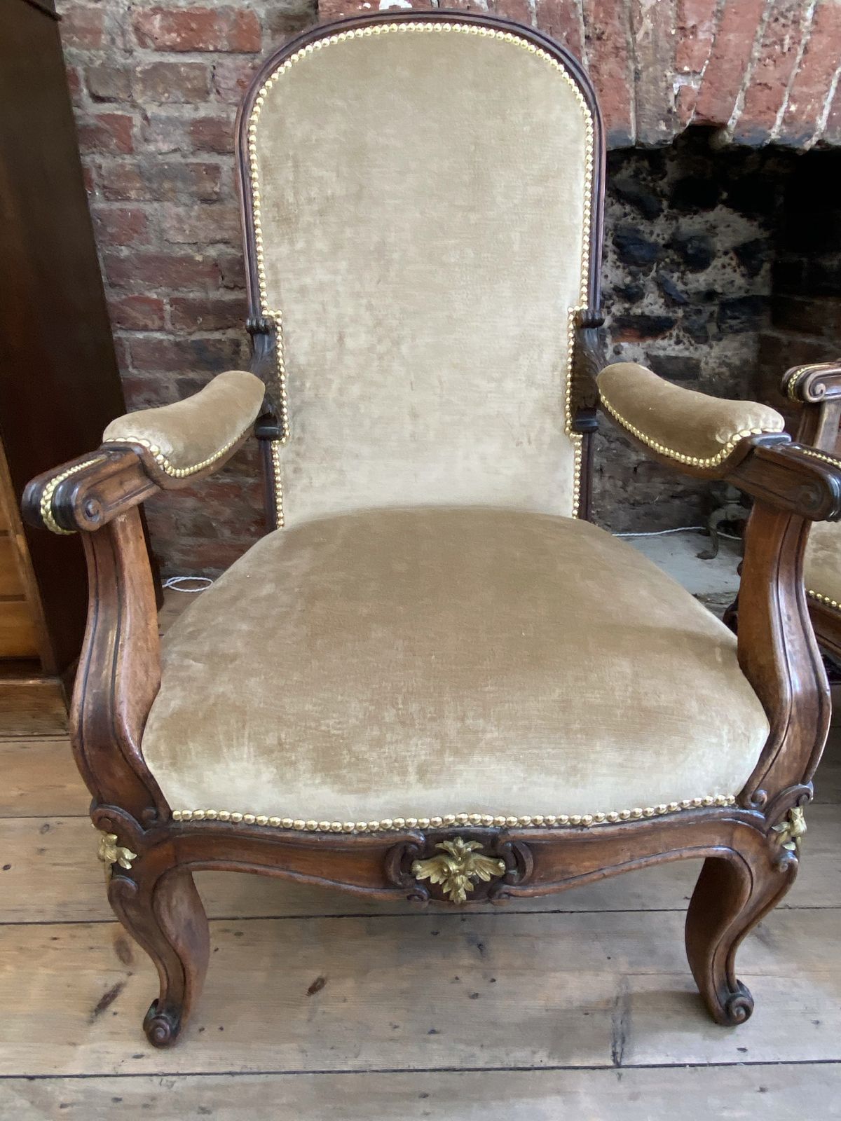 Exceptional Pair Of French Empire Walnut Chairs Arm Chairs With Gilt Ormolu Mounts photo Furniture