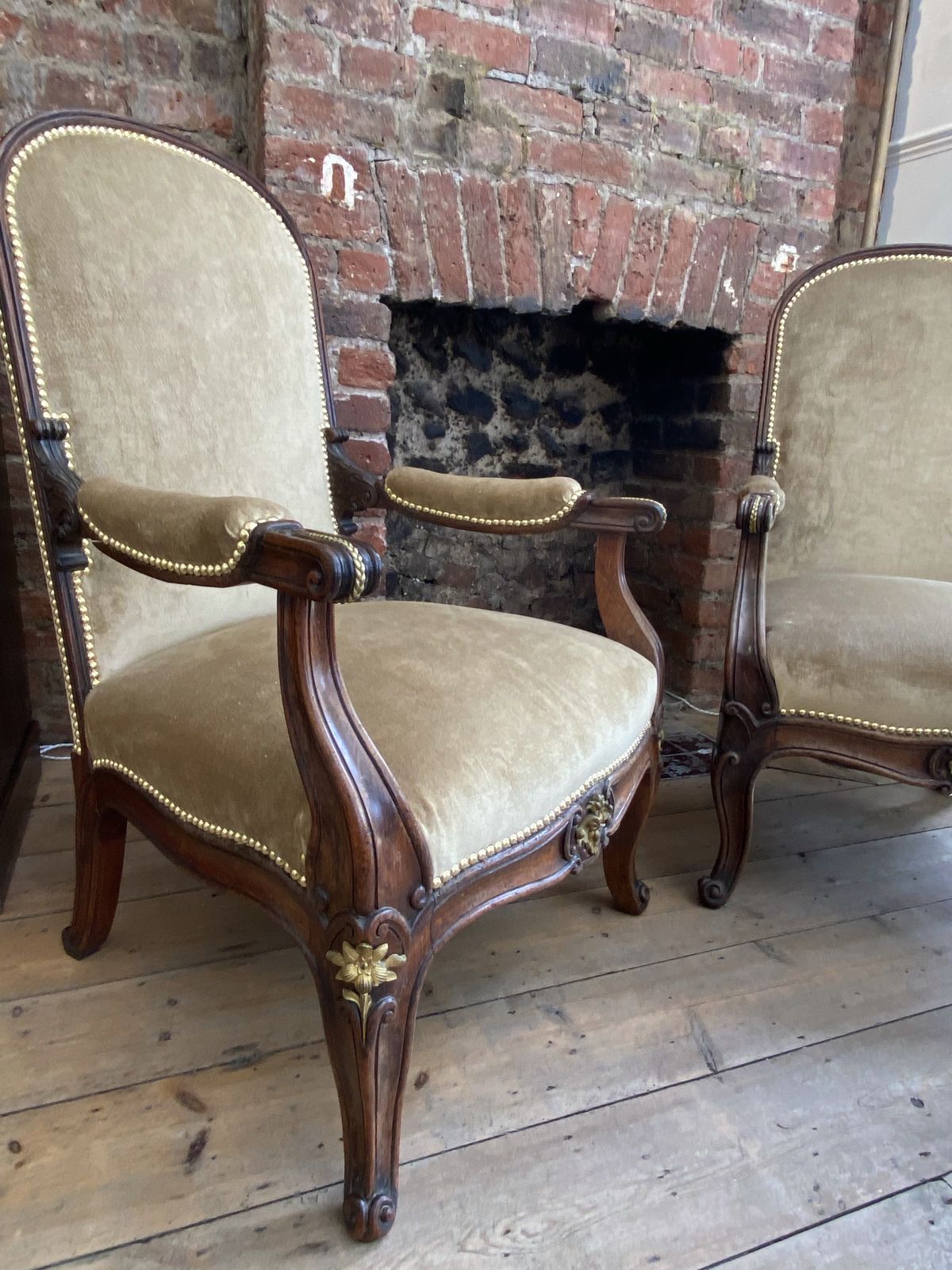 photo for sale Exceptional Pair Of French Empire Walnut Chairs Arm Chairs With Gilt Ormolu Mounts