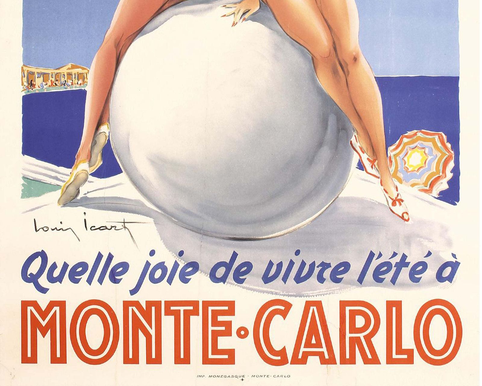 Original Vintage 40s Monte Carlo Beach Surf Travel Poster By Louis Icart 1948 photo for sale