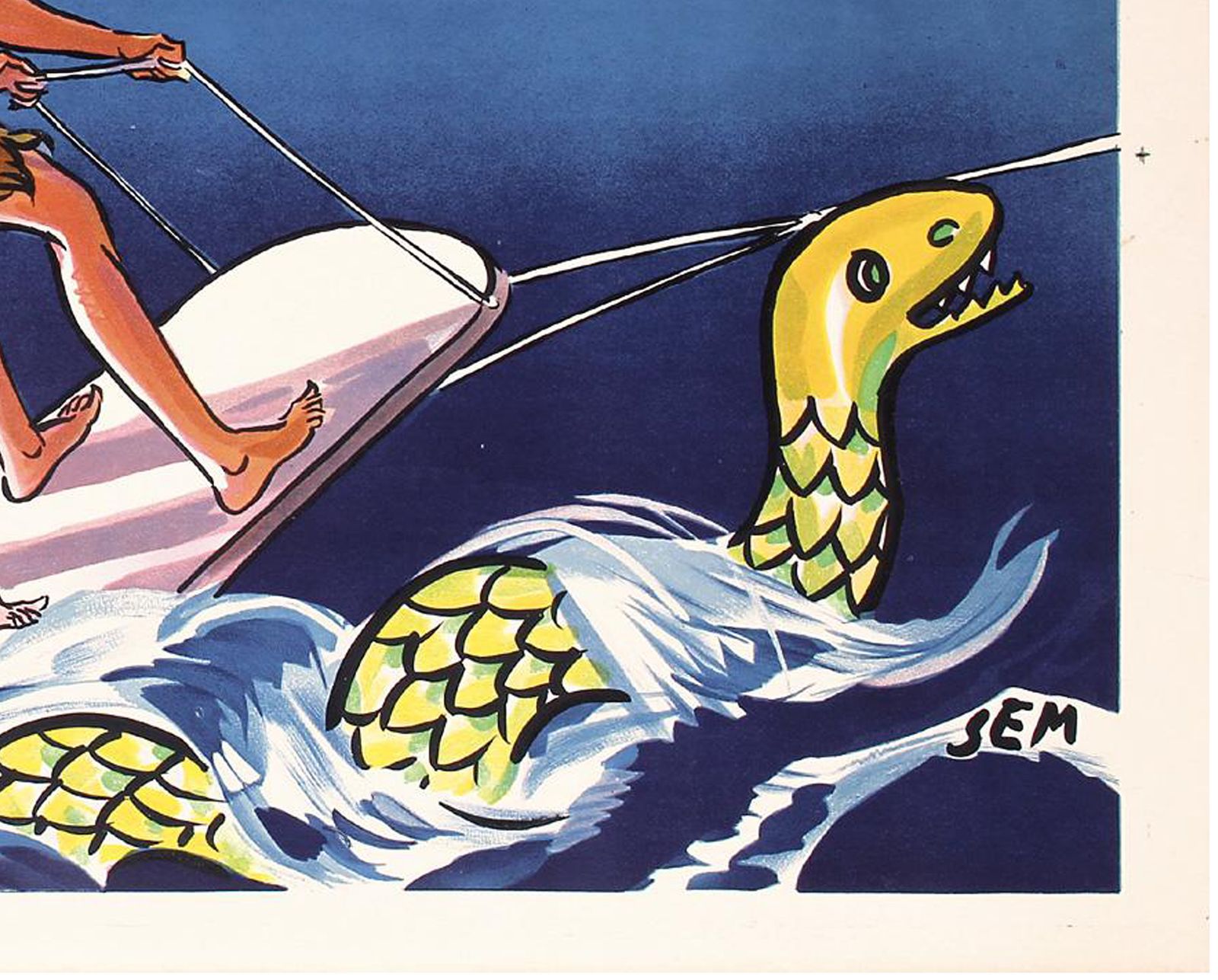 Original Vintage 1930s Monte Carlo Beach Surf Travel Poster Artist: Sem , Printed In 1935 Draeger, Paris. Condition (A), Backed On Linen photo 7545.0