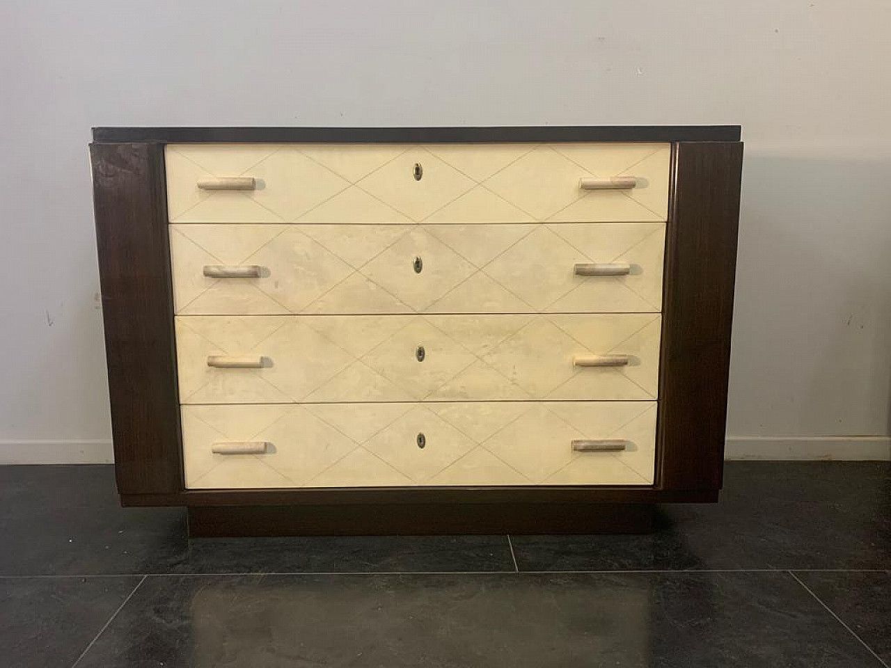 Art Deco Chest Of Drawers In Mahogany With Parchment Handles, 1940s