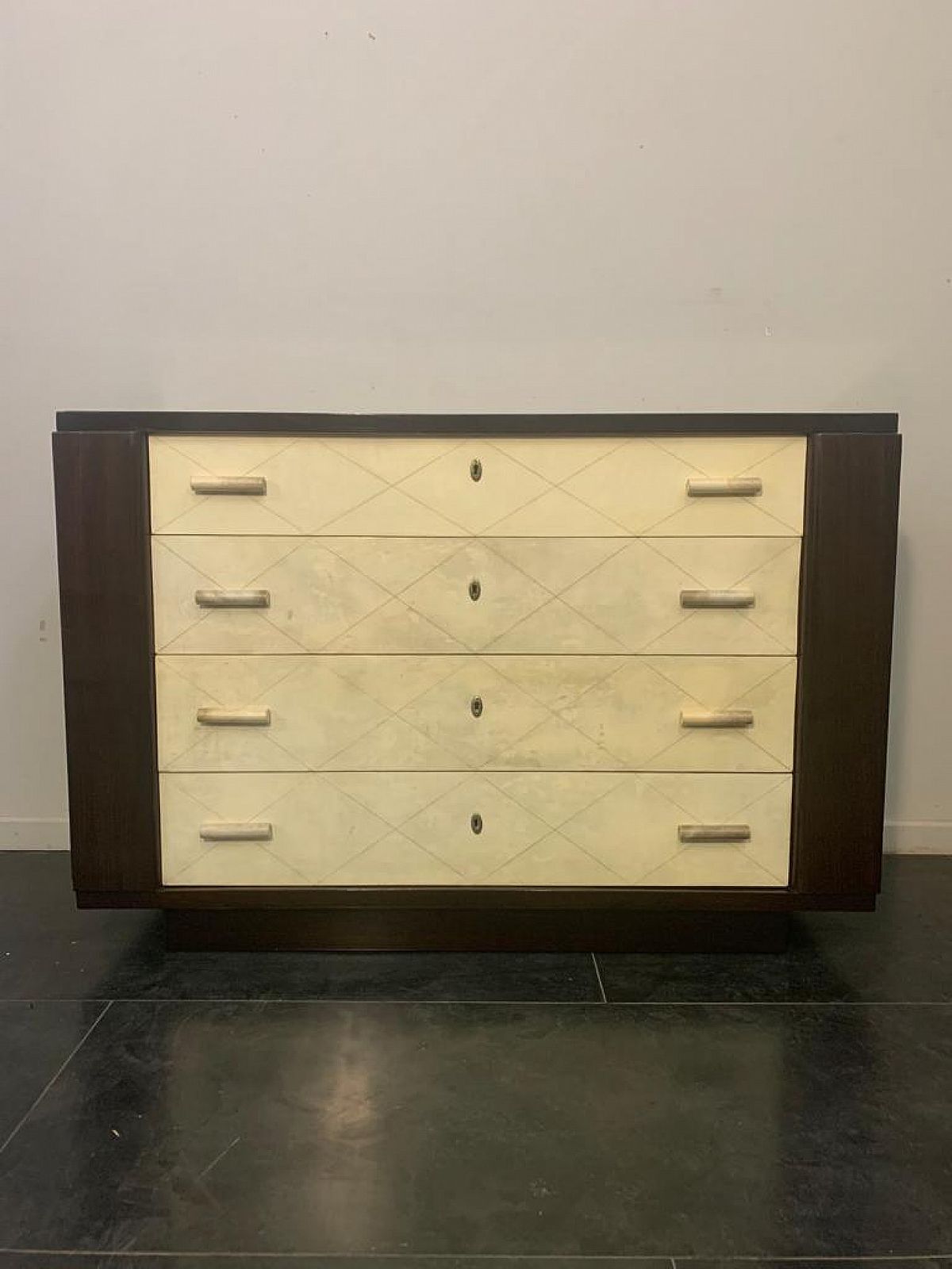 Art Deco Chest Of Drawers In Mahogany With Parchment Handles, 1940s photo for sale