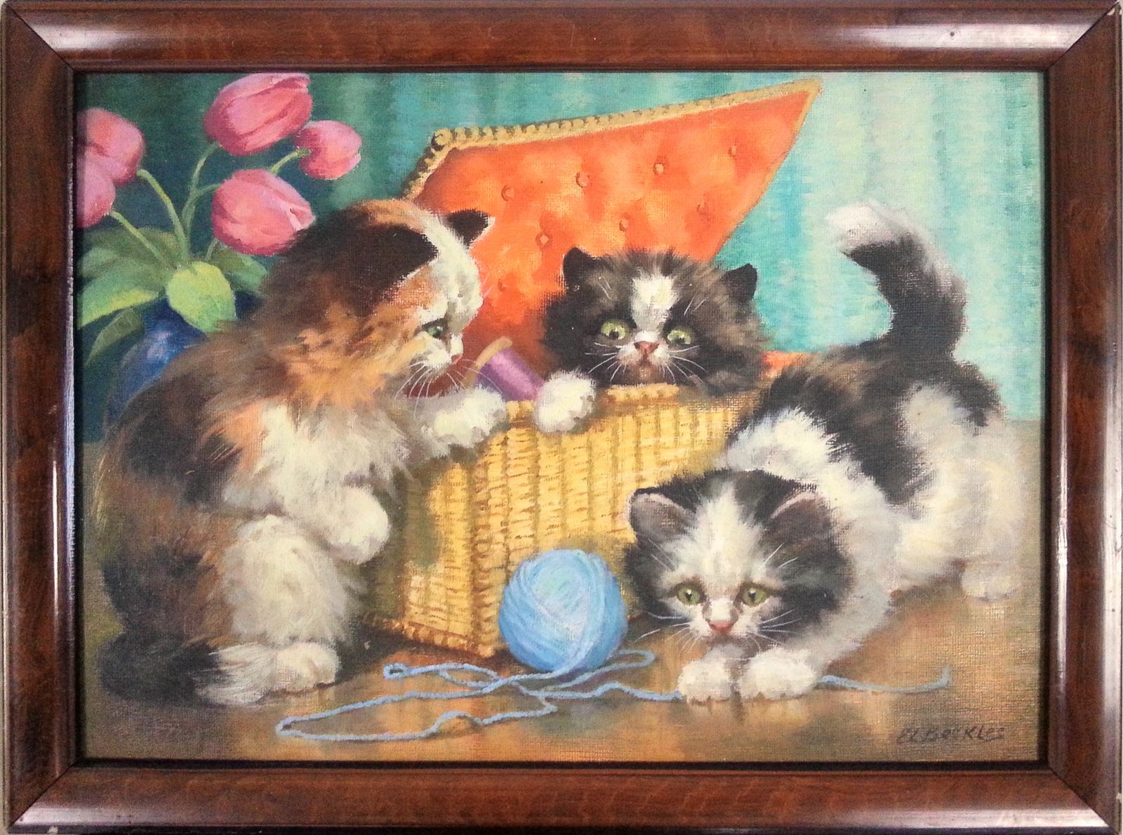 Oil On Board By Evelyn Lina Beckles. Three Kittens With A Ball Of Wool.