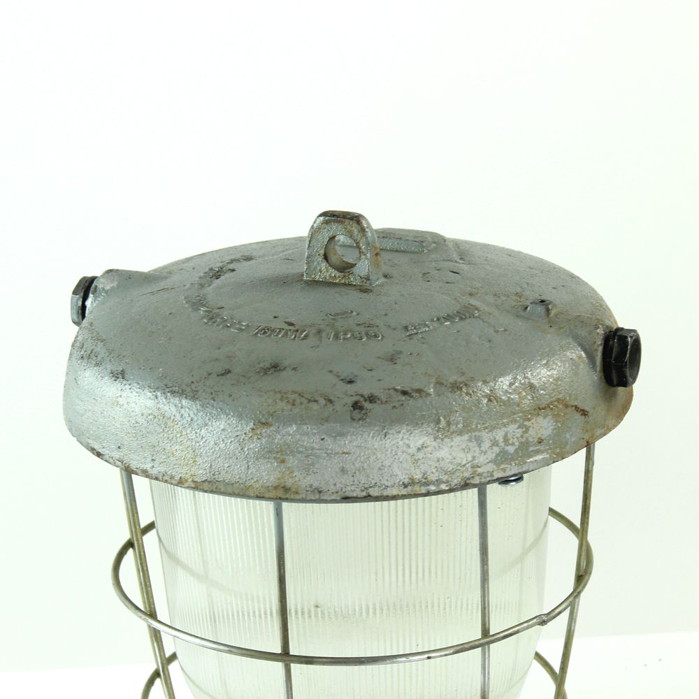 Industrial Ceiling Light In Metal And Glass, Czechoslovakia 1950s photo for sale