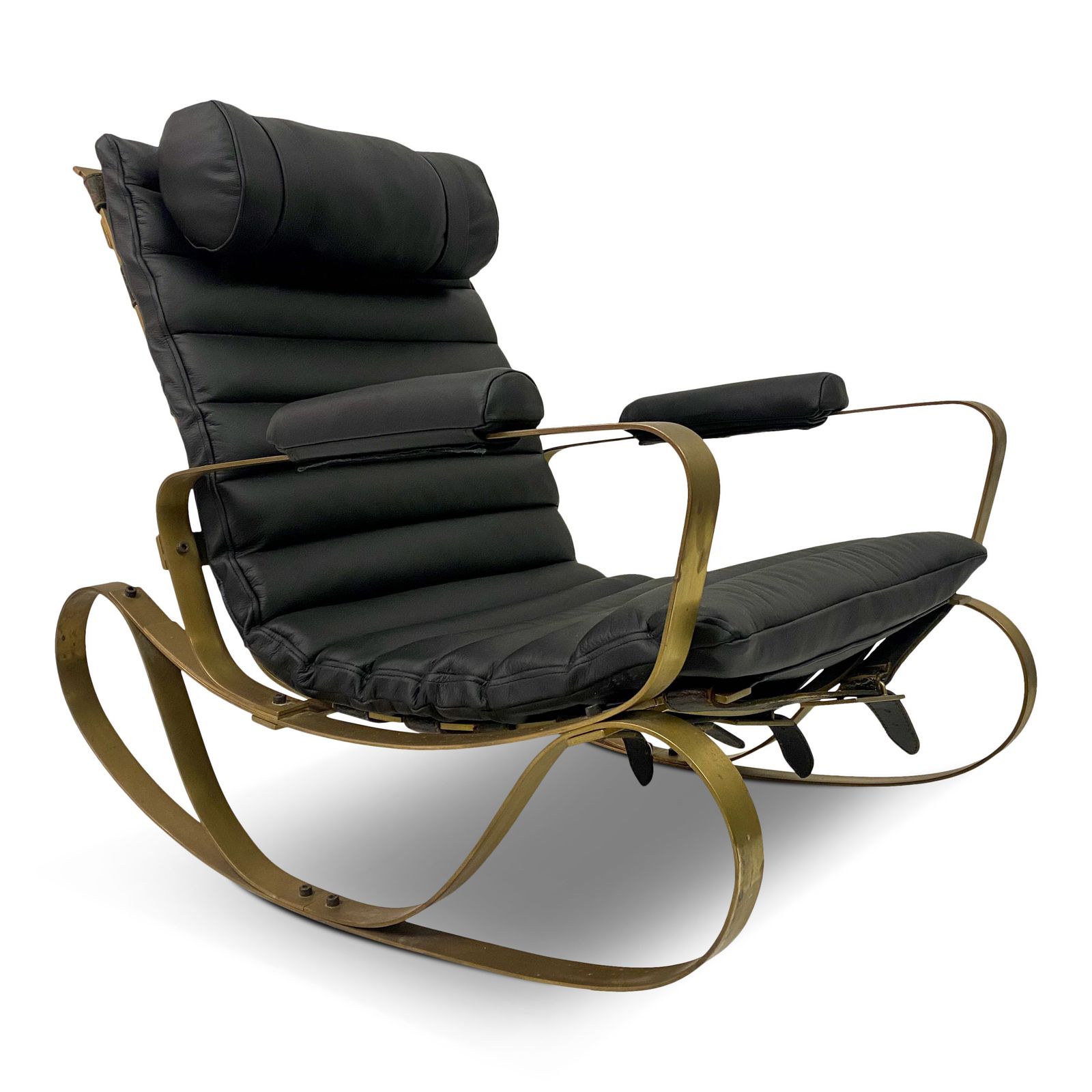 1970s Italian Brass And Black Leather Rocking Chair By Luciano Frigerio