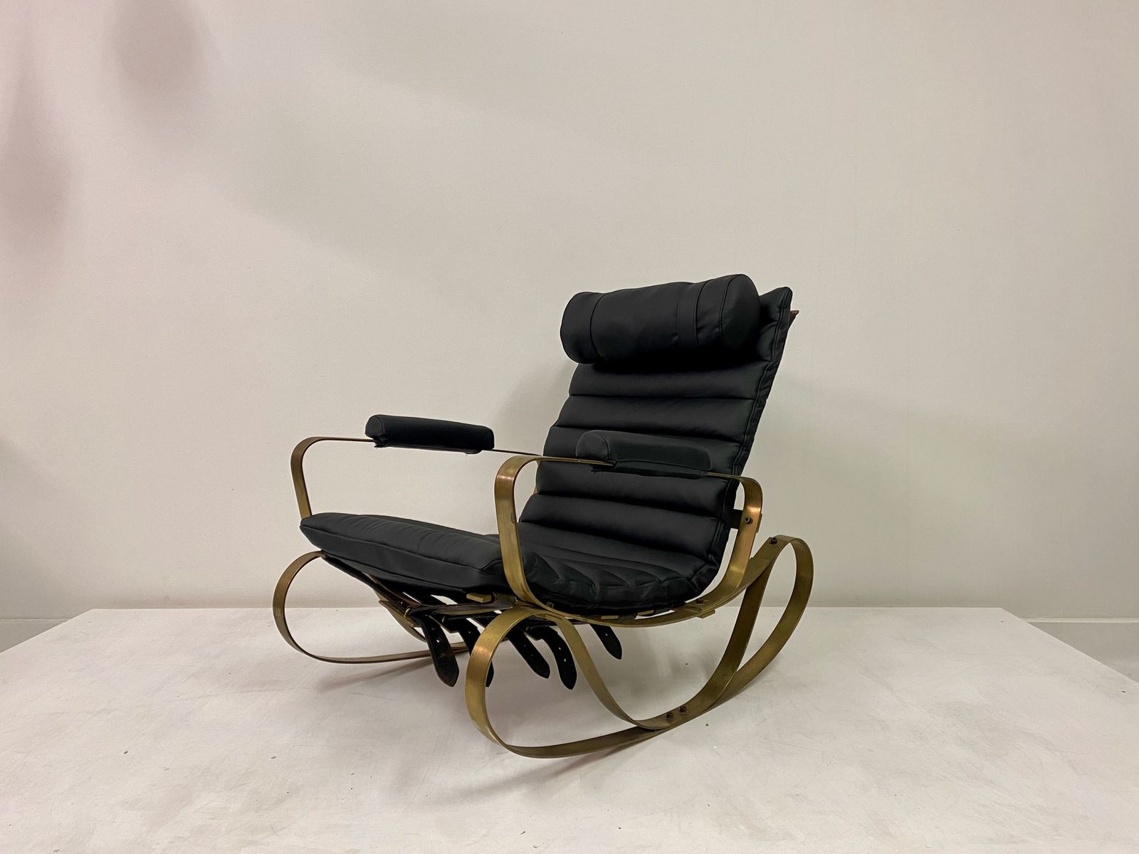 1970s Italian Brass And Black Leather Rocking Chair By Luciano Frigerio photo for sale