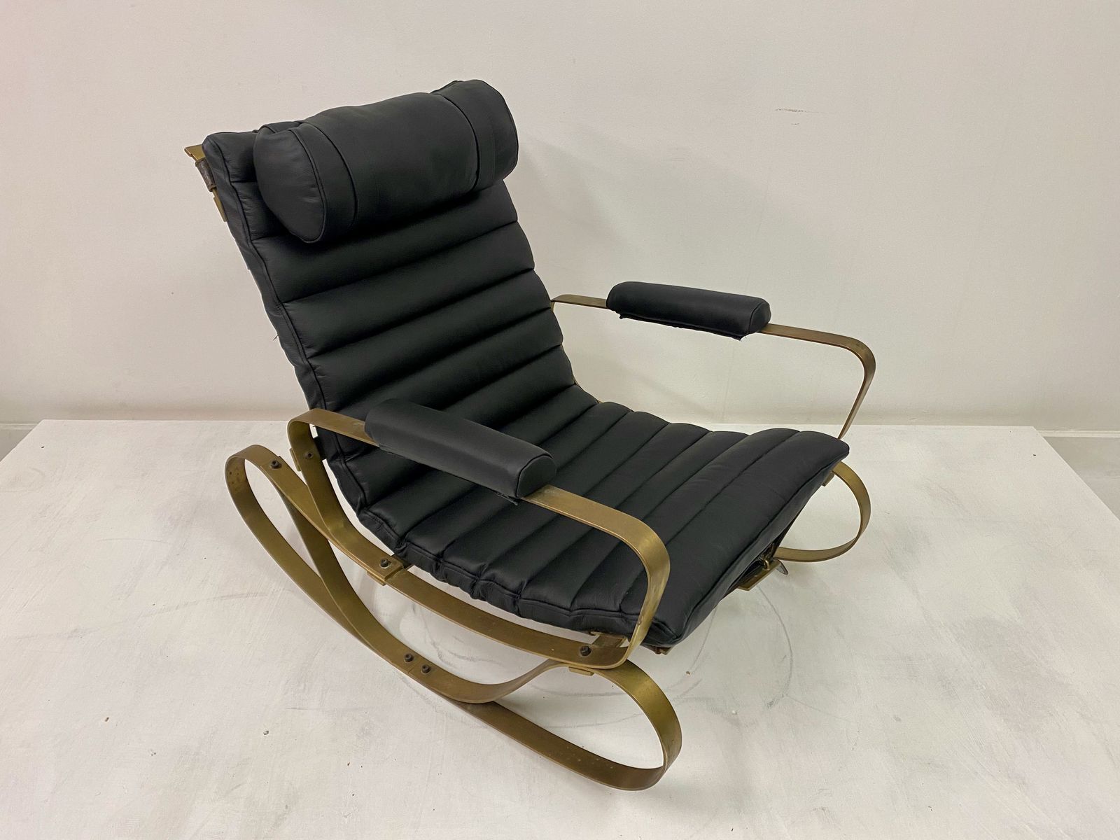 Furniture 1970s Italian Brass And Black Leather Rocking Chair By Luciano Frigerio photo