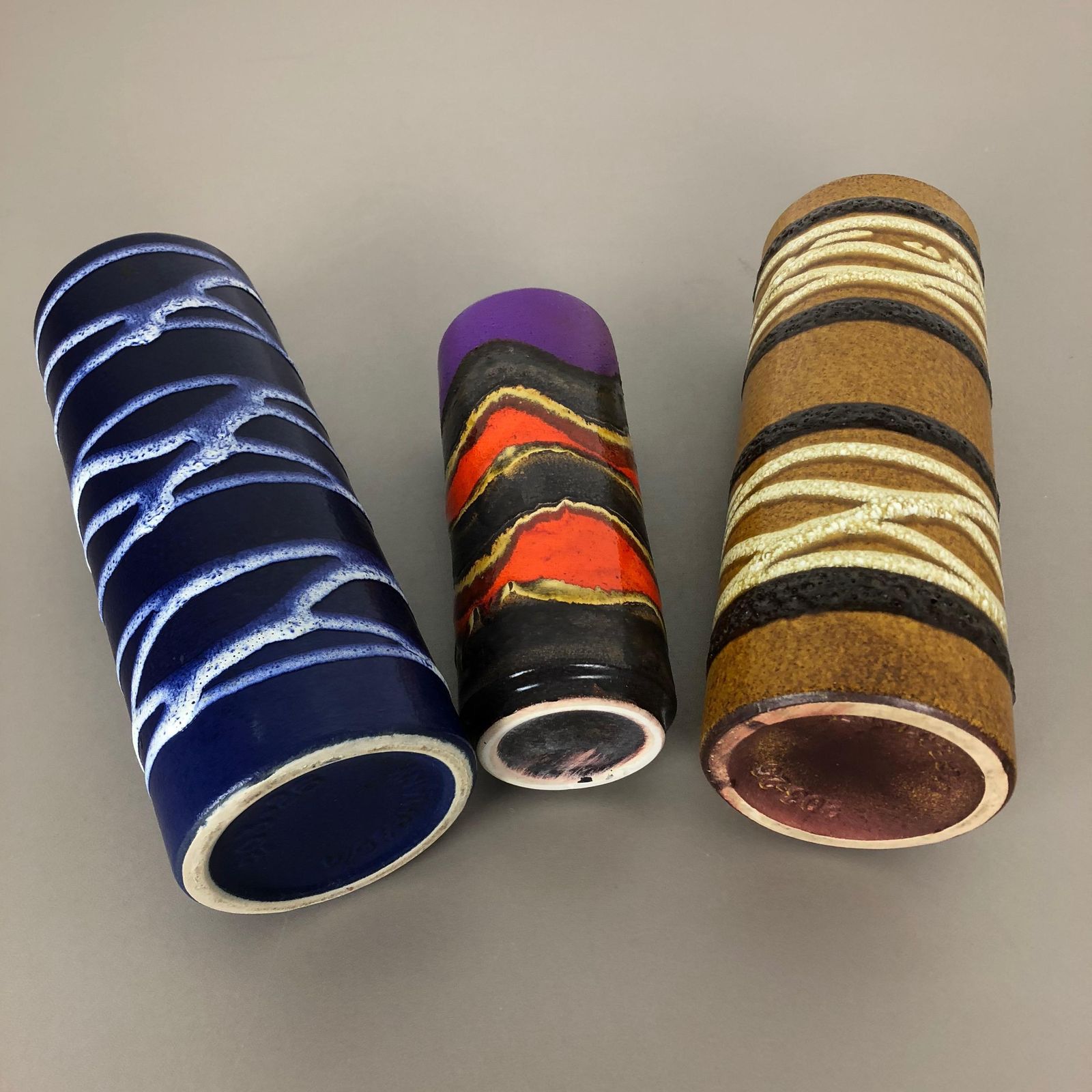 photo vintage Set Of Three 1970s Pottery Fat Lava "Tube" Vases Made By Scheurich, Germany