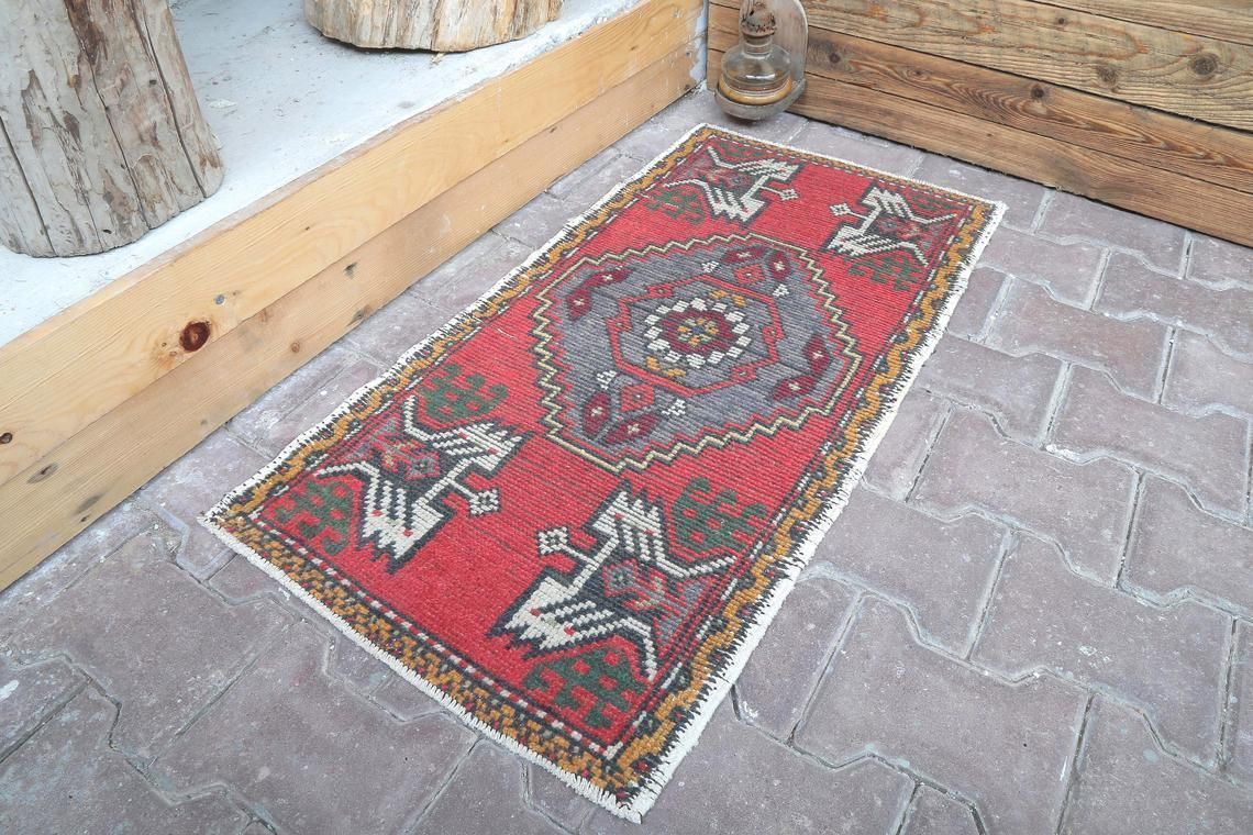 Doormat Rug, Small Rug, 1'6x3'1 Oushak Rug, Turkish Rug, Wool Rug, Vintage Rug, Handmade Rug, Orange Doormat Rug, Anatolıan Small Rug photo furniture