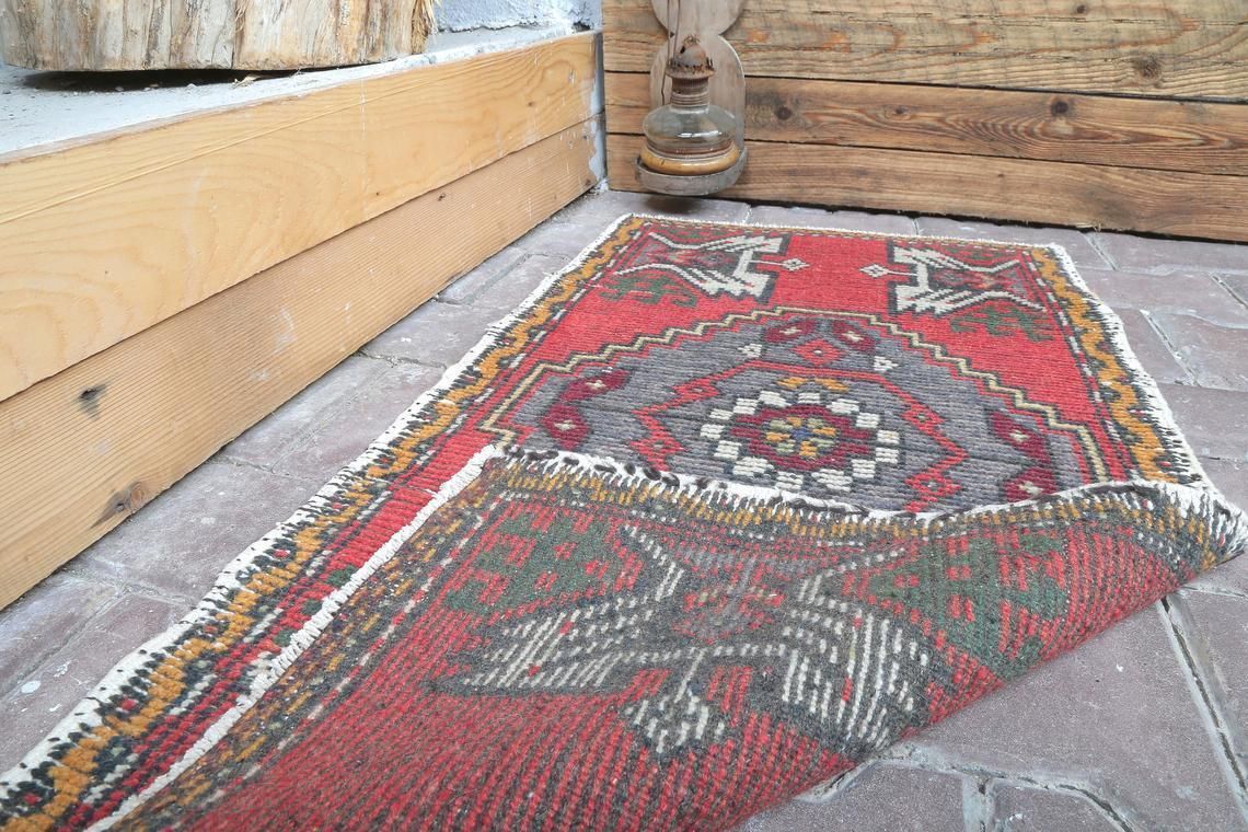 Doormat Rug, Small Rug, 1'6x3'1 Oushak Rug, Turkish Rug, Wool Rug, Vintage Rug, Handmade Rug, Orange Doormat Rug, Anatolıan Small Rug photo Textiles
