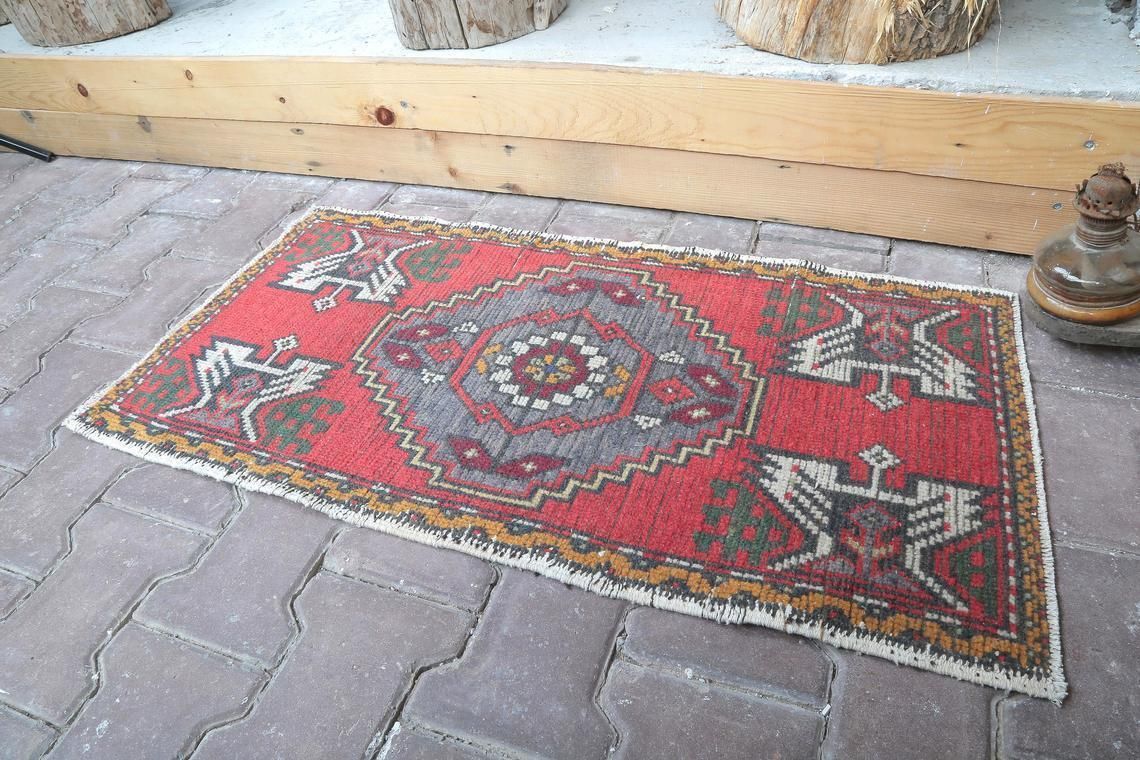 Doormat Rug, Small Rug, 1'6x3'1 Oushak Rug, Turkish Rug, Wool Rug, Vintage Rug, Handmade Rug, Orange Doormat Rug, Anatolıan Small Rug photo vinterior