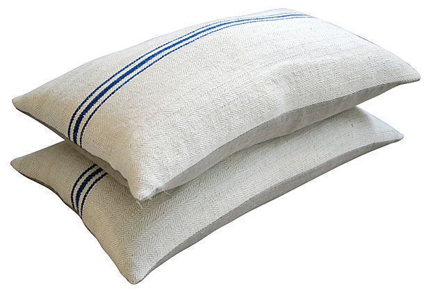 Hungarian Grain Sack & Linen Pillows With Navy Stripe, Pair photo for sale