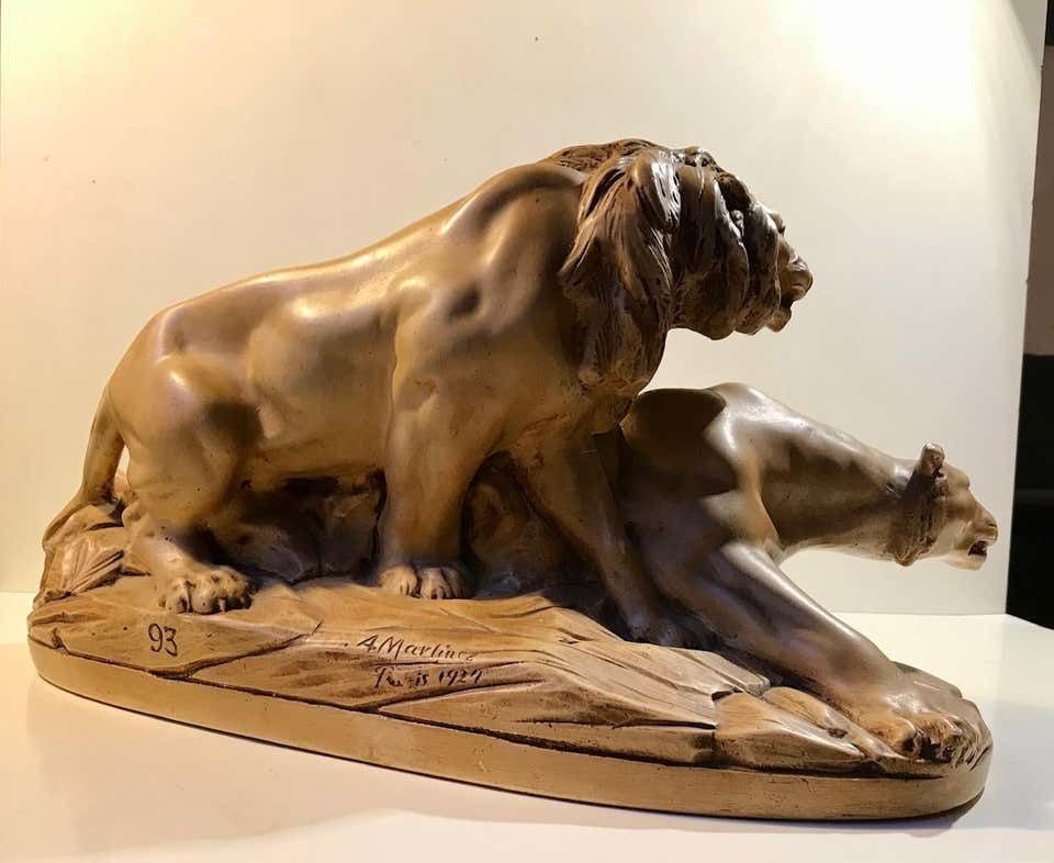 photo for sale French Art Deco Sculpture Of Lions A L'affut By A. Martinez, Paris 1924