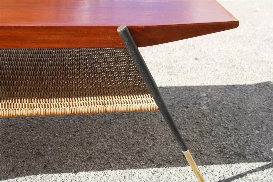 Midcentury Italian Coffee Table In Mahogany Metal Brass And Bamboo Straw, 1950s photo vinterior