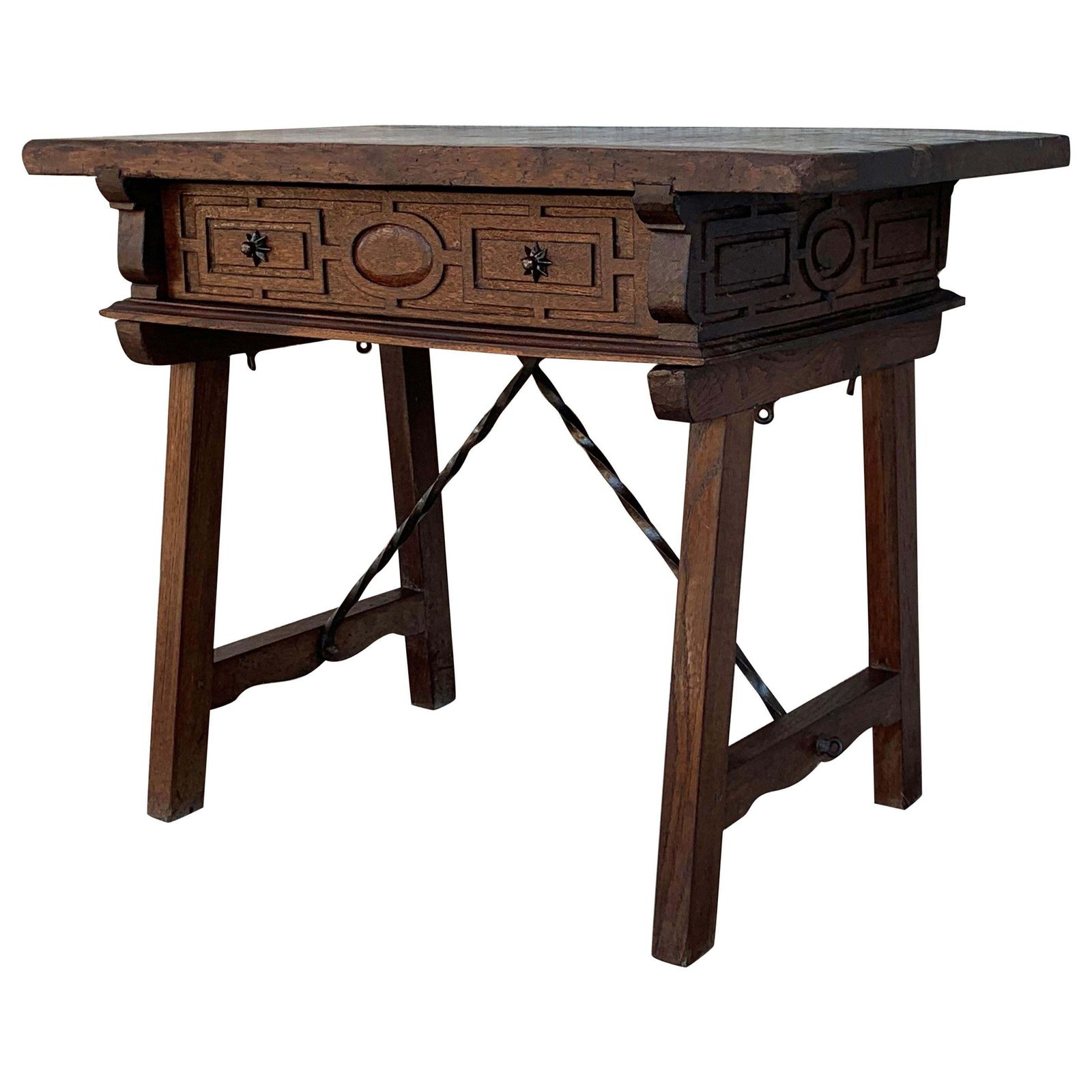Spanish 1880s Walnut Side Table Or Lady Desk, Carved Legs And Iron Stretcher