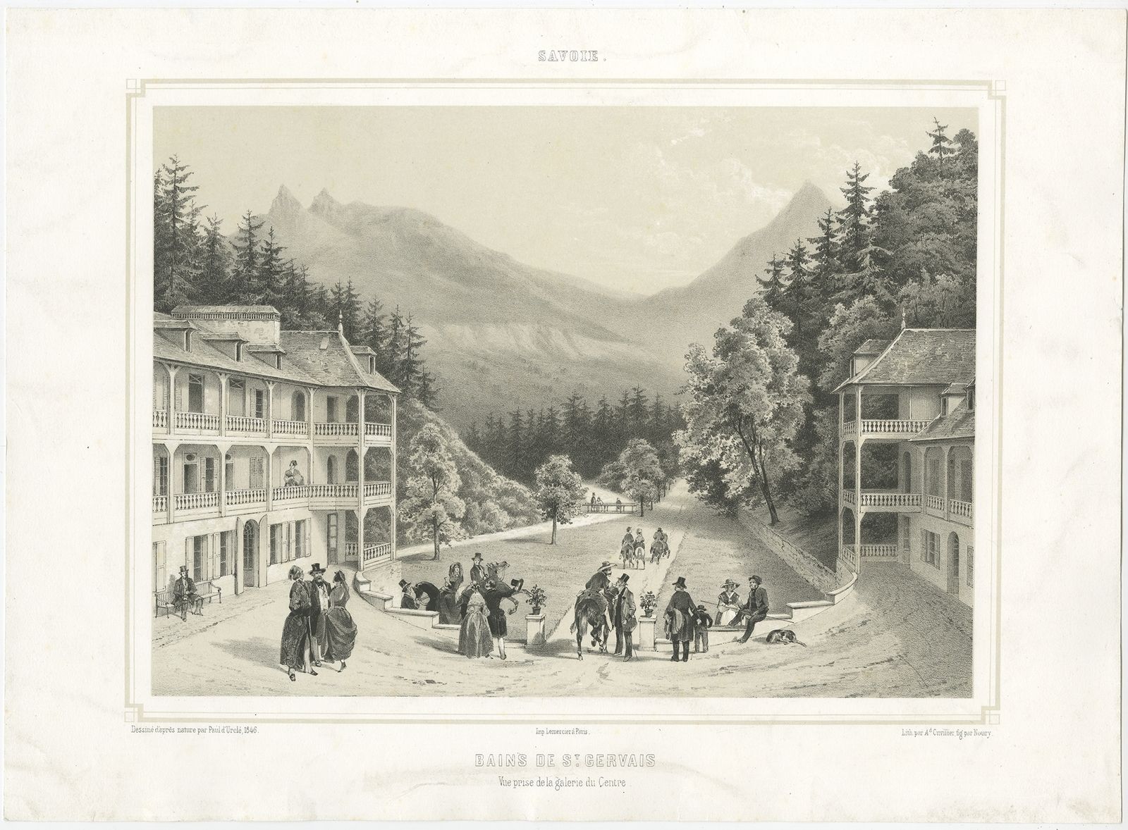 Antique Print Of The Centre Of Saint Gervais Les Bains By Cuvillier (C.1840)