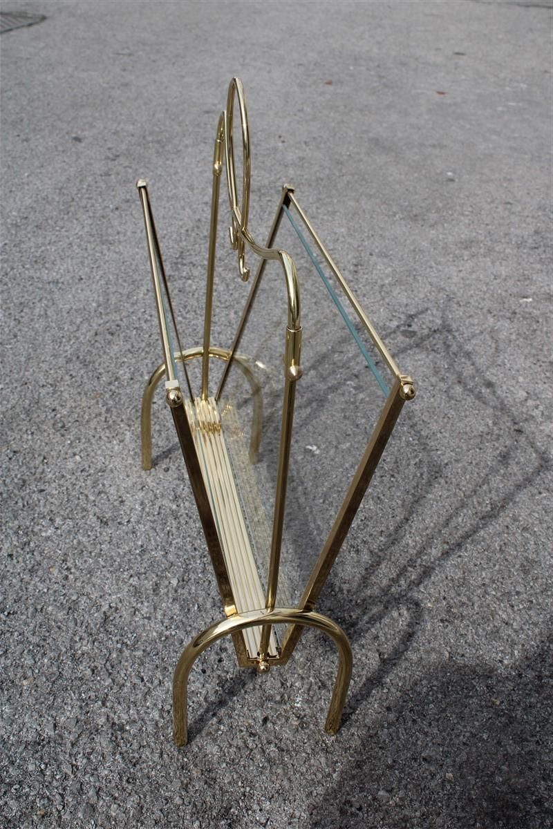 Italian Midcentury Magazine Rack Brass Gold Italian Design Transparent Glass photo 976.0