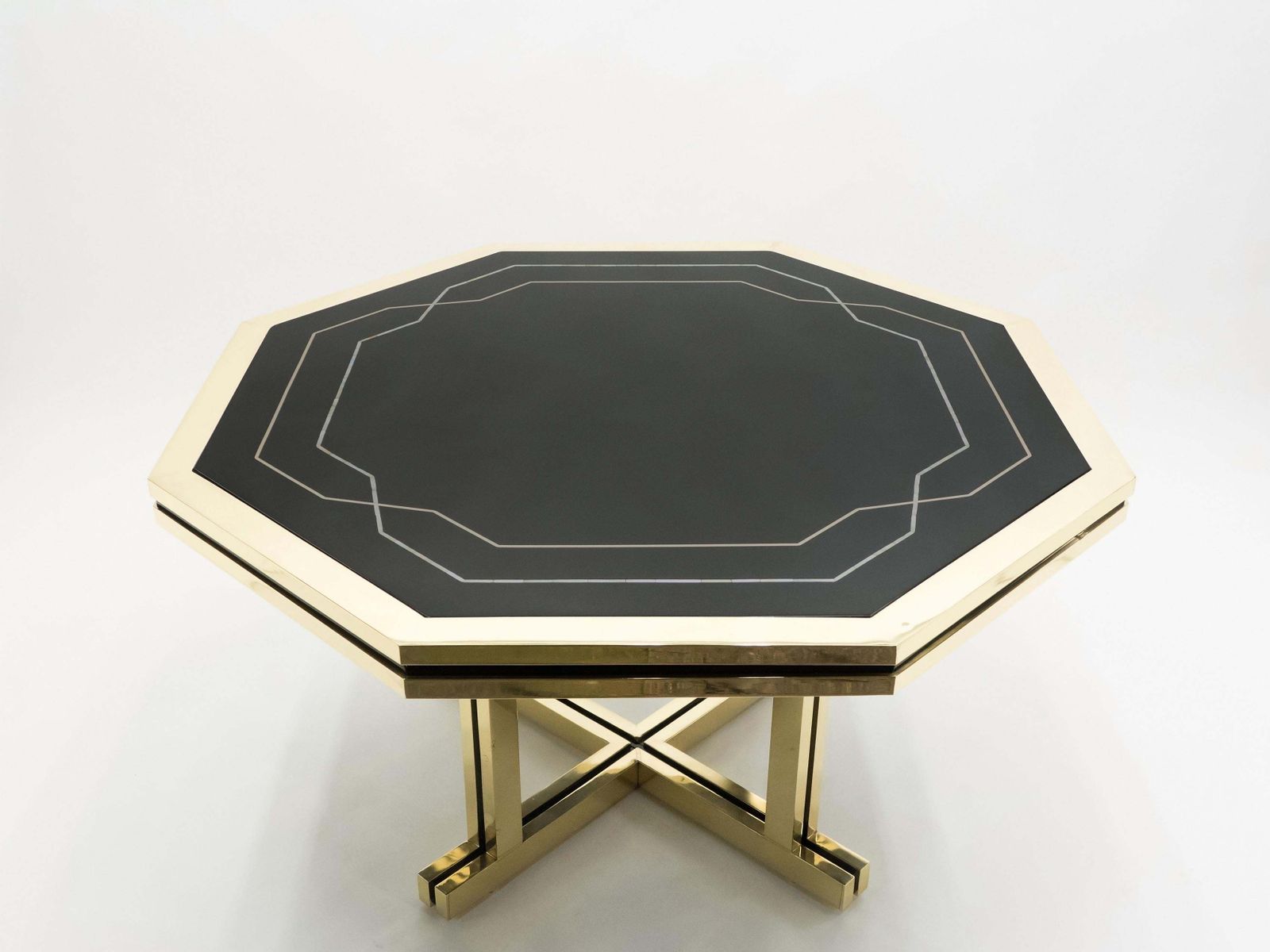 Table à manger Maison Jansen en laque noire et laiton, années 1970 photo for sale