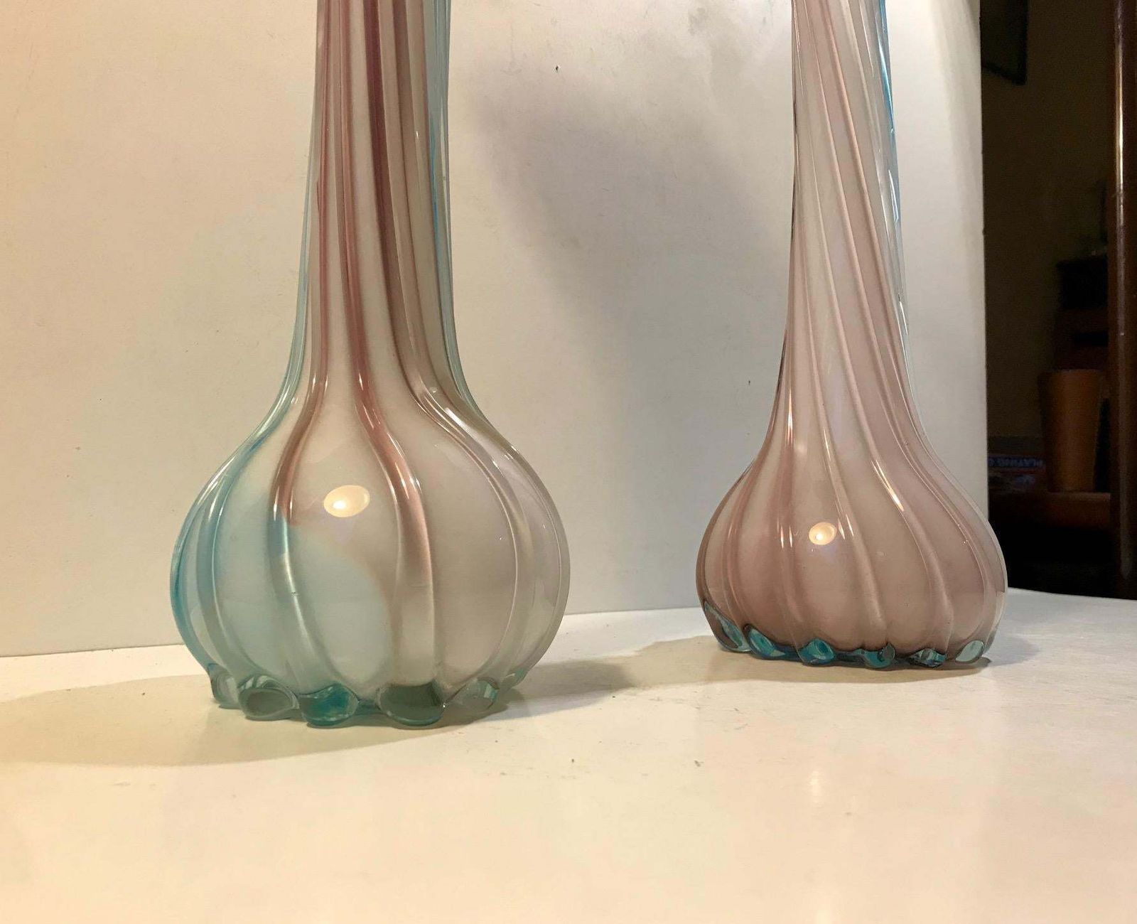 A Pair Of Pink, Blue And White Italian Jack In The Pulpit Glass Vases photo vintage