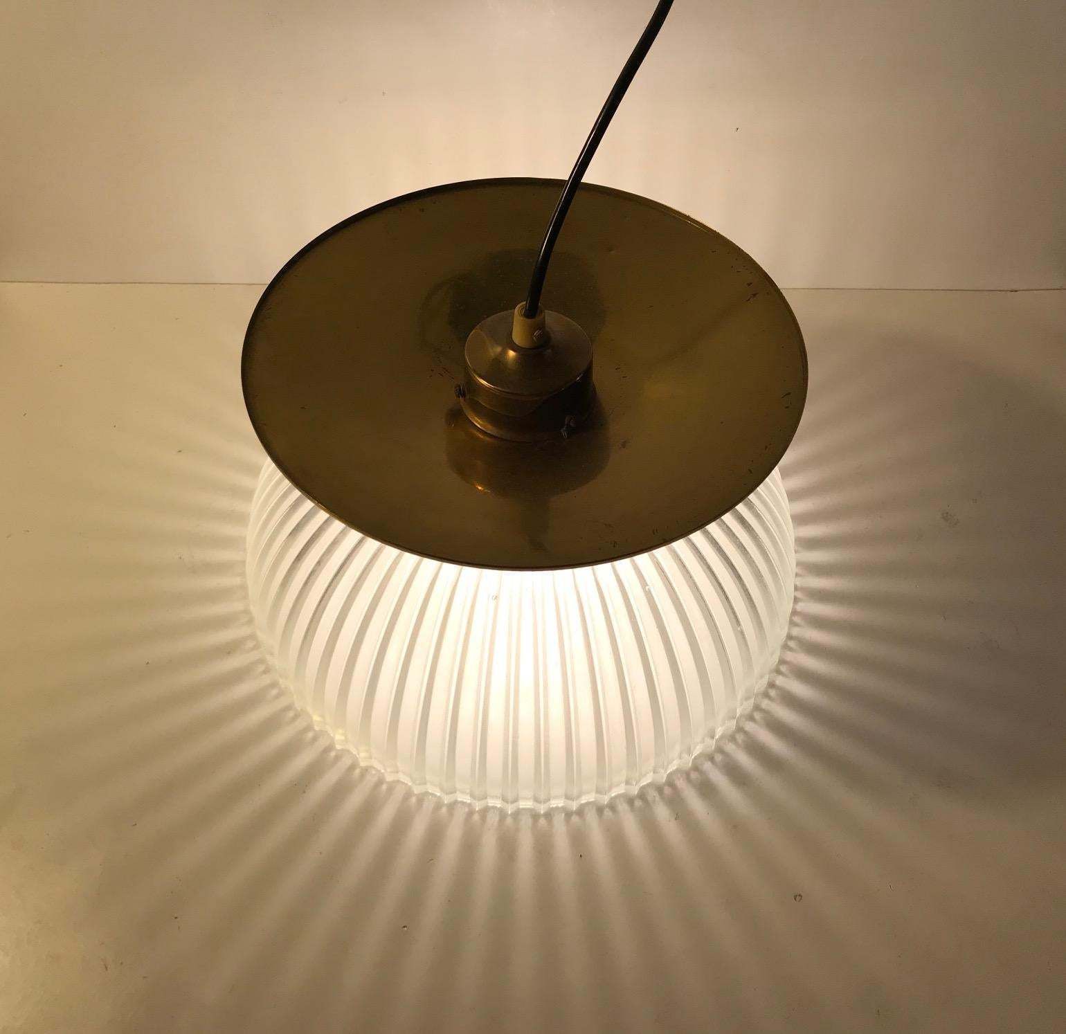 Scandinavian Fluted Glass And Brass Ceiling Lamp, 1970s photo vinterior