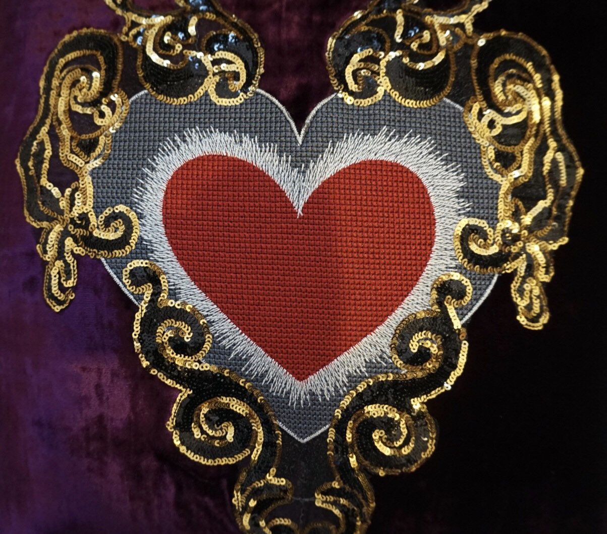 Purple Velvet Cushion With Red,Black And Gold Sequinned Love Heart And Scroll Appliqué. photo for sale