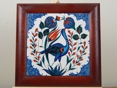 Turkish Kutahya Pottery, Tiles, Peacock Design Frame, Tulip Design, Art Painting H, Picture Wood Flare photo for sale