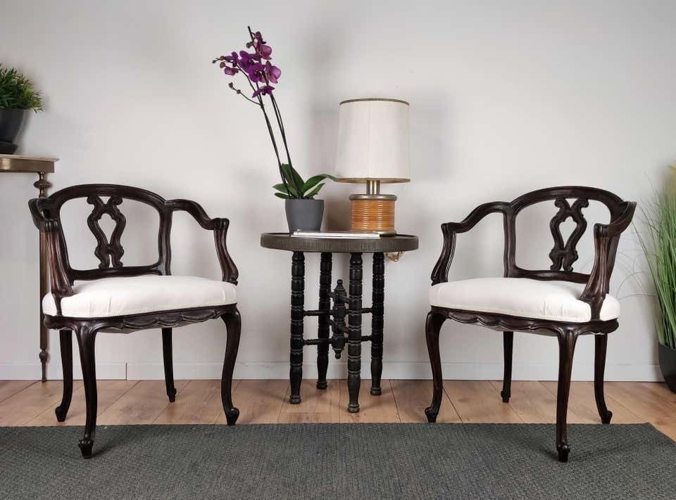 Pair Of 19th Century Italian Rococo Baroque Carved Wood Armchair Re Upholstered photo furniture