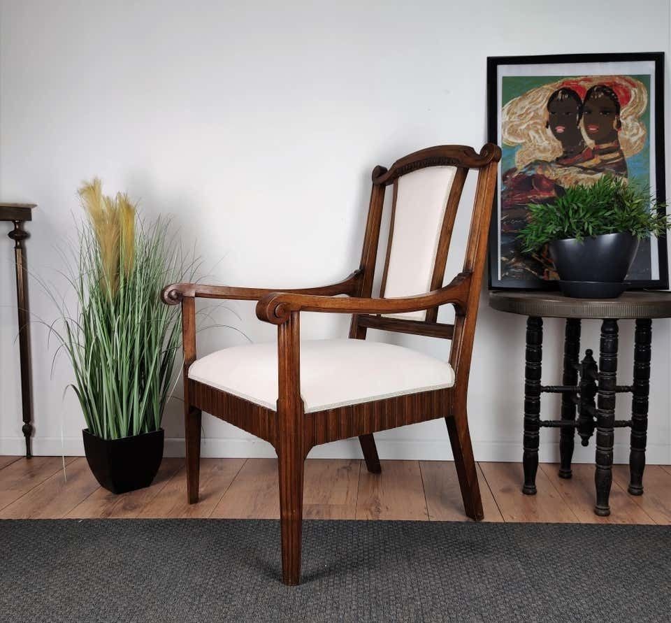 1930s Neoclassical Italian Carved Walnut Wood Armchair Newly Upholstered photo buy