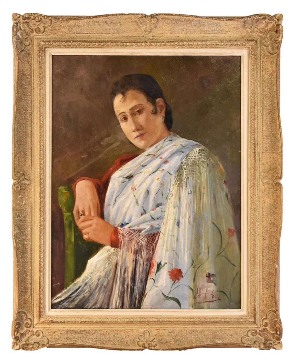 Portrait Painting, Woman With White Dress, Spanish, Oil On Canvas, 20th Century. (Qr47)