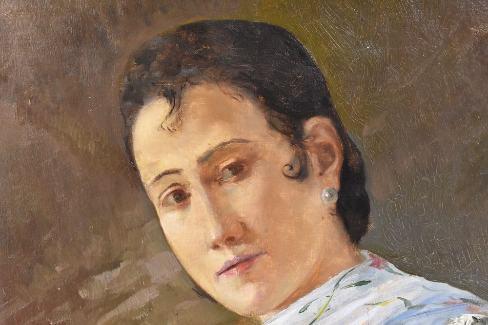 Portrait Painting, Woman With White Dress, Spanish, Oil On Canvas, 20th Century. (Qr47) photo furniture