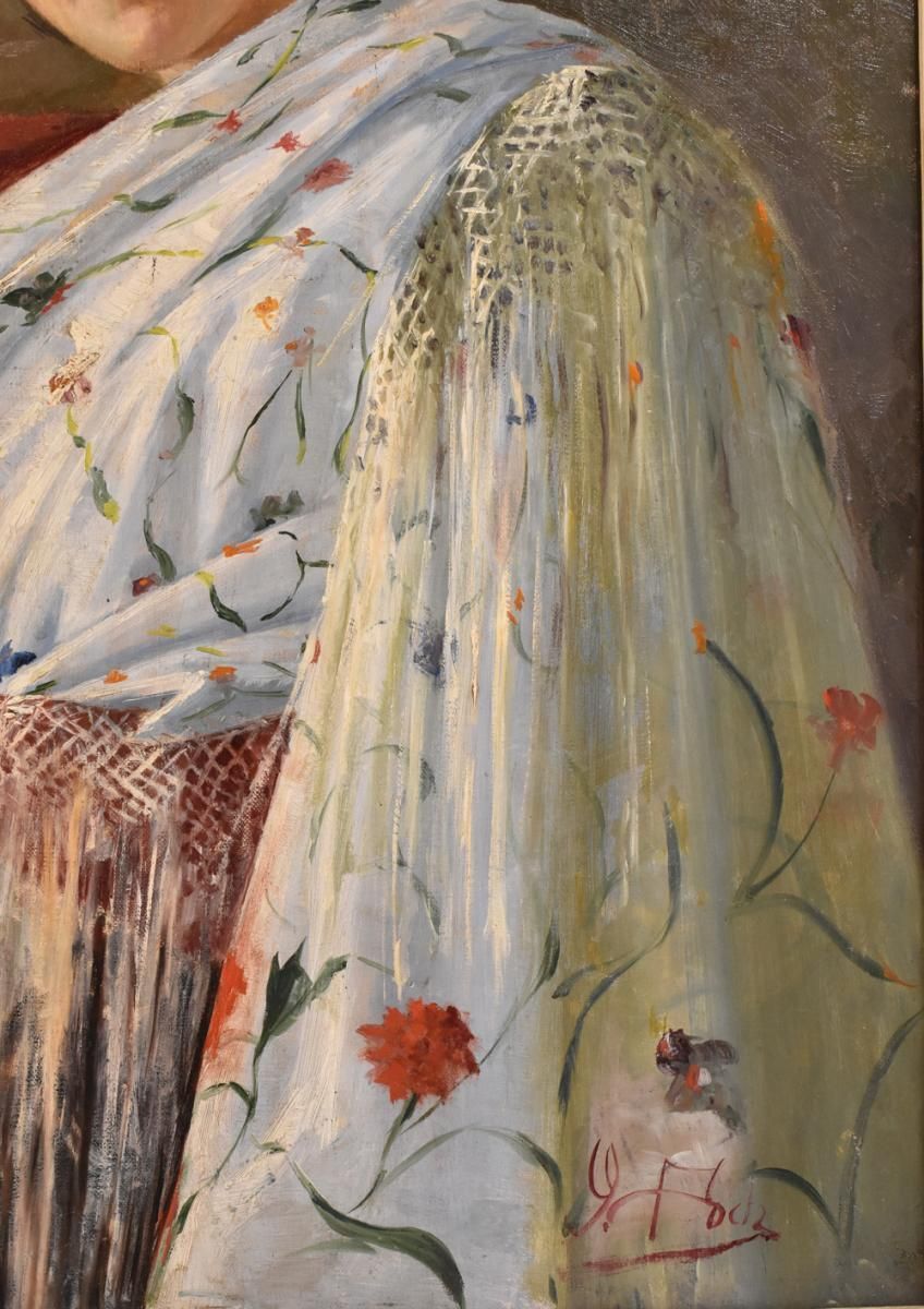 Portrait Painting, Woman With White Dress, Spanish, Oil On Canvas, 20th Century. (Qr47) photo 800.0