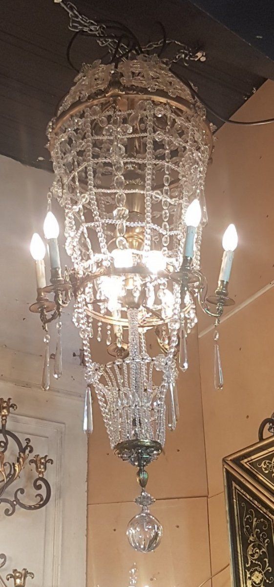 Large Chandelier In The Shape Of A Hot Air Balloon In Bronze And Crystal, 20th Century
