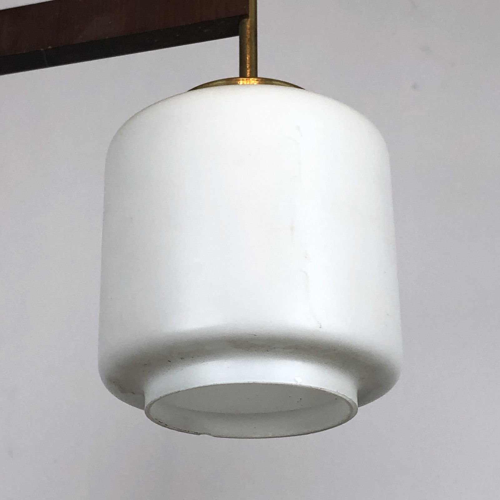 photo furniture Vintage Italian Two Lights Brass, Wood And Opaline Chandelier From 50s
