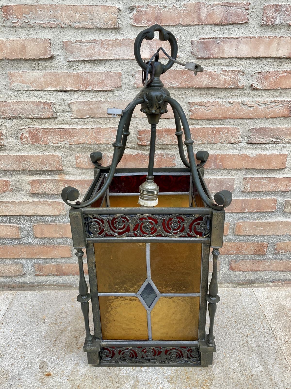 Antique Wrought Iron And Stained Glass Ceiling Lantern Lamp photo for sale