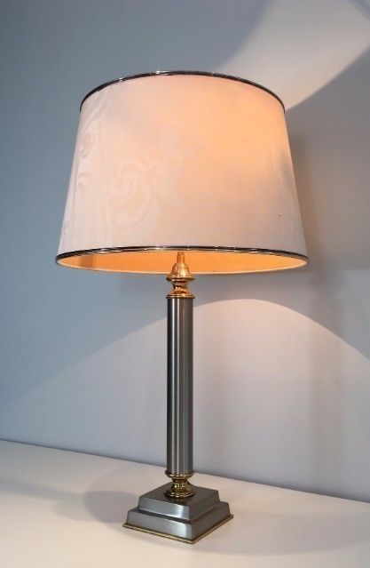 Pair Of Brushed Steel And Brass Lamps With Reclining Shades By Guy Lefèvre. Circa 1970 photo vintage
