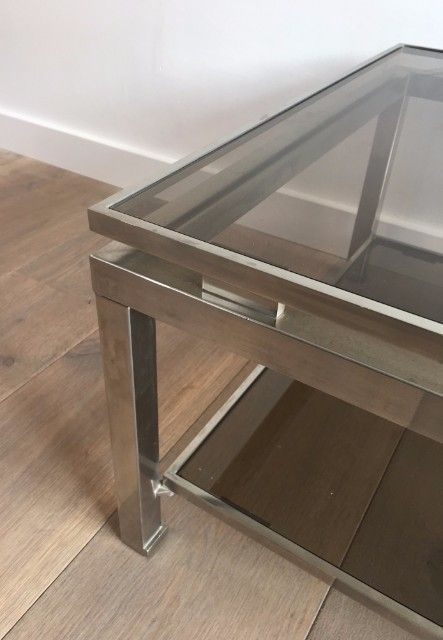 Pair Of Brushed Steel Side Tables With Smoked Glass By Guy Lefèvre For Maison Jansen. Circa 1970 photo vintage