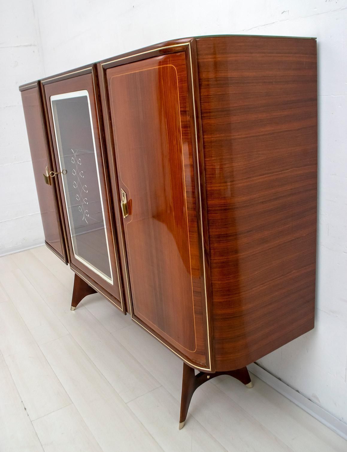 After Gio Ponti Mid Century Modern Italian Mahogany And Brass Bar Cabinet, 1950s photo for sale