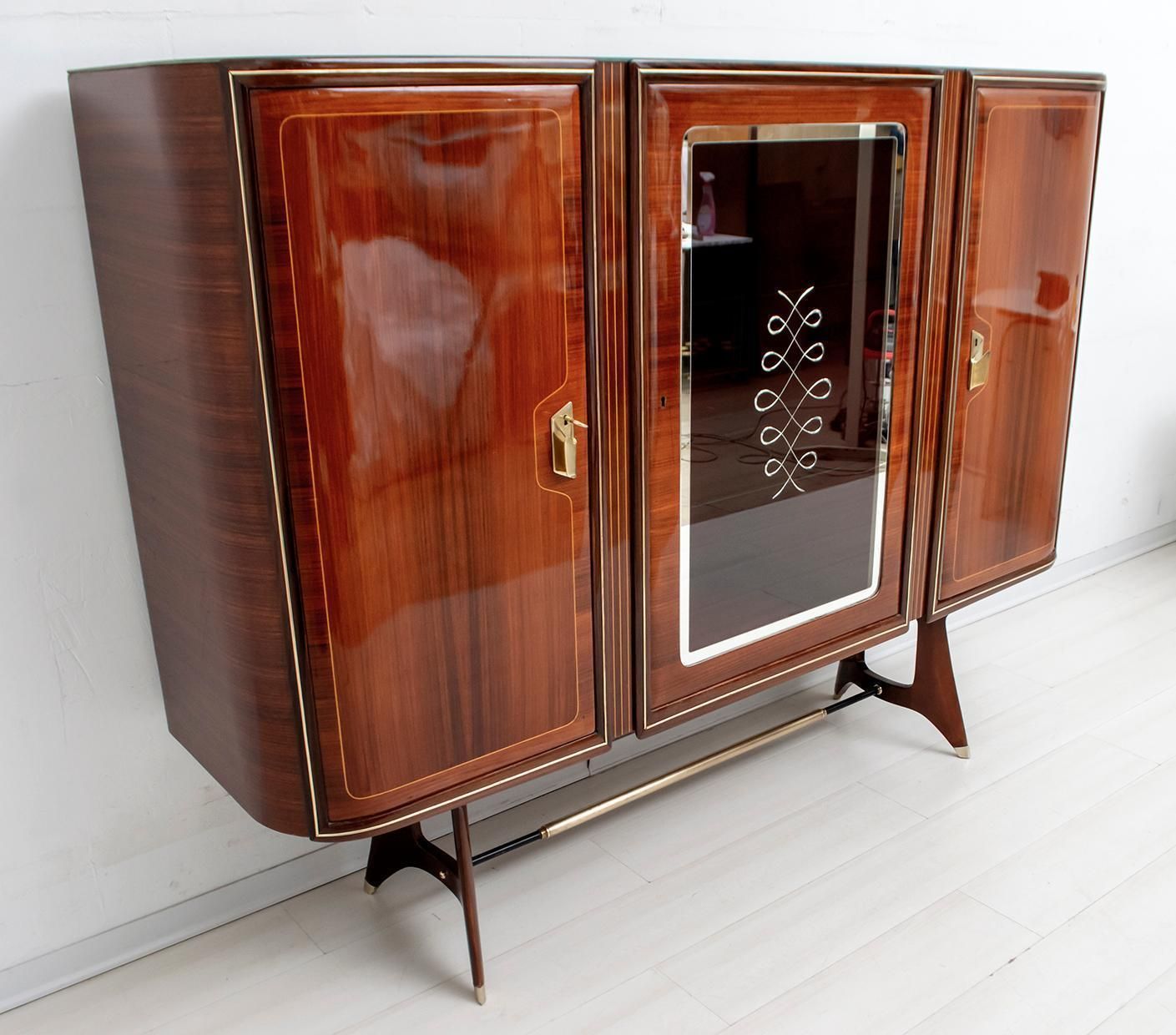After Gio Ponti Mid Century Modern Italian Mahogany And Brass Bar Cabinet, 1950s photo 10659.0